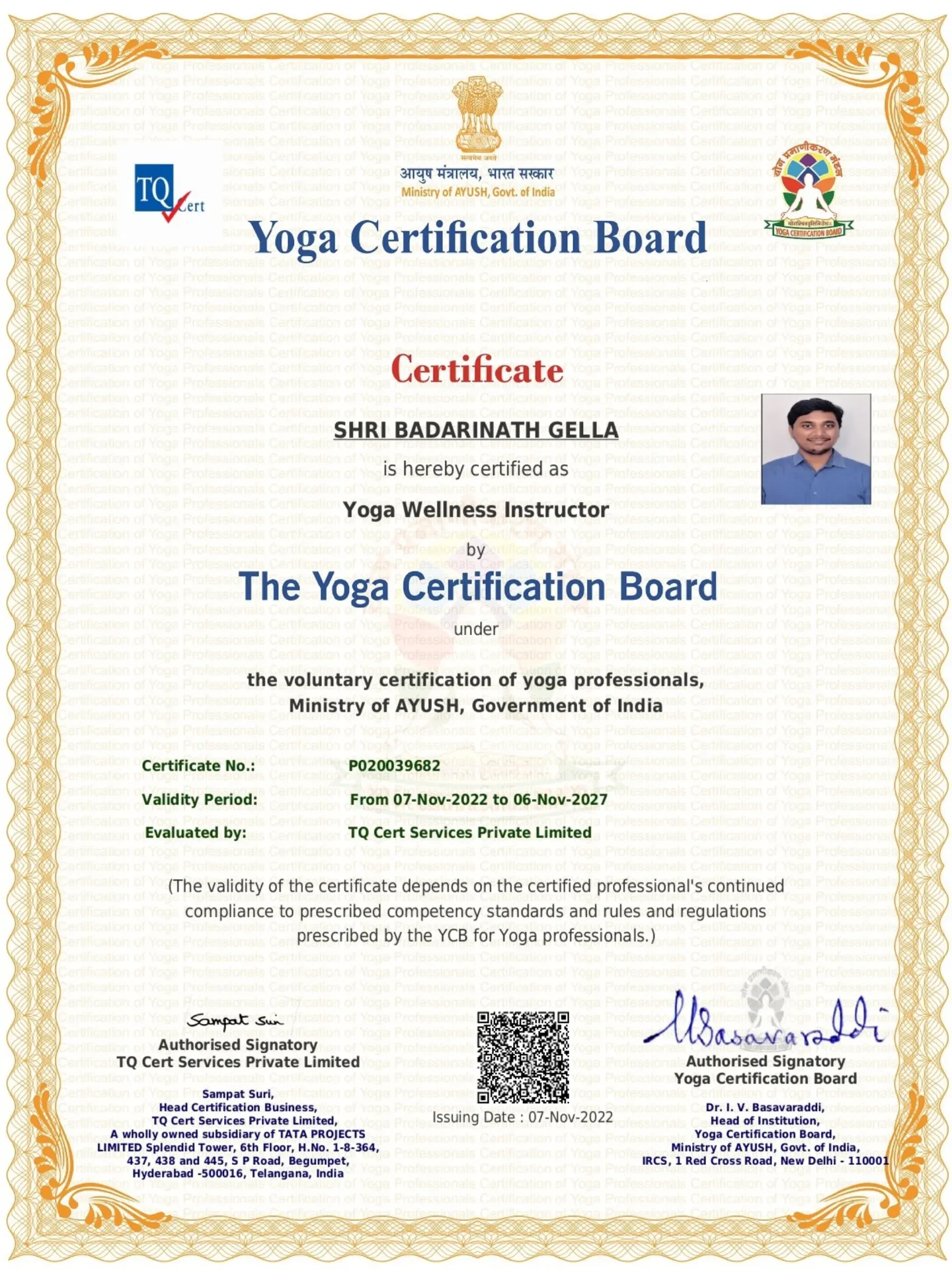 Yoga Certification Board Certificate
