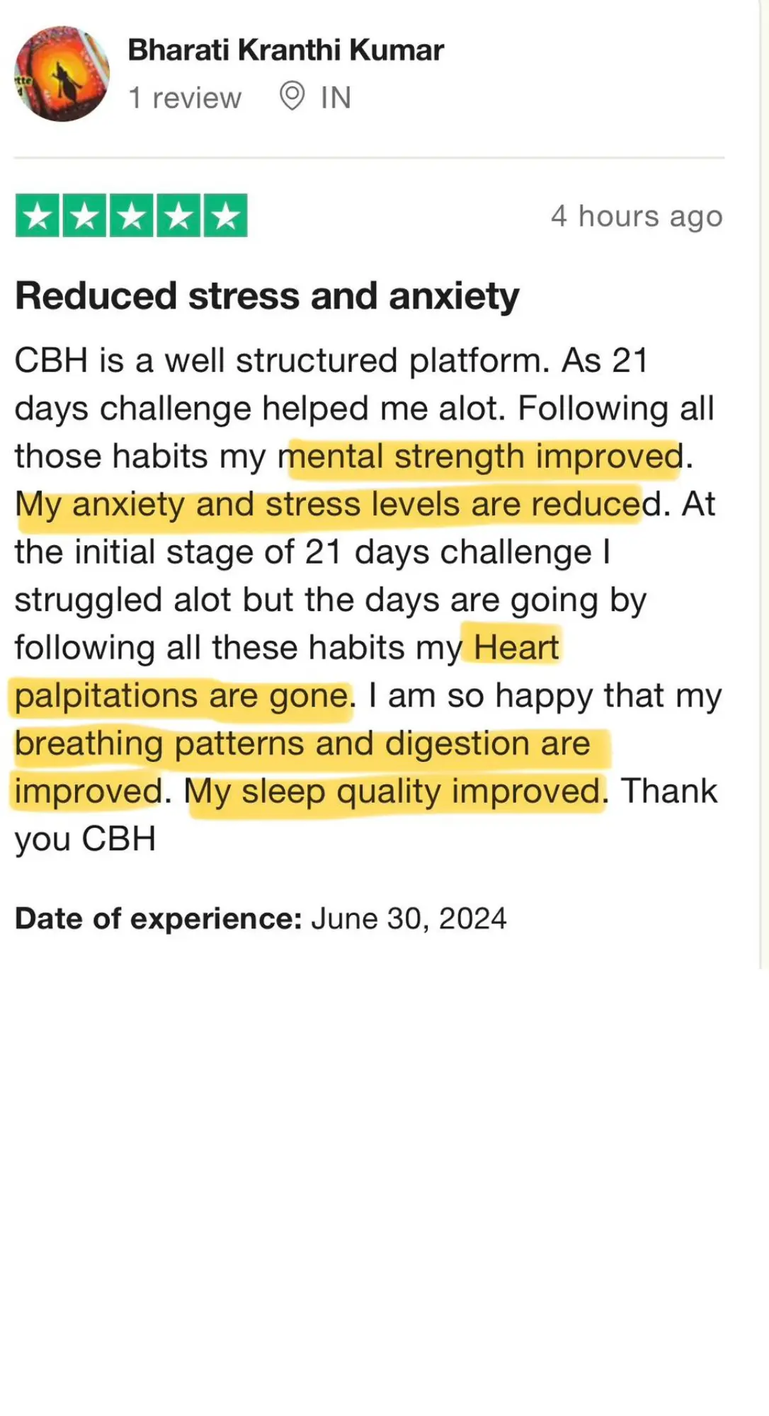 Review by Bharati Kranthi Kumar — Reduced stress and anxiety