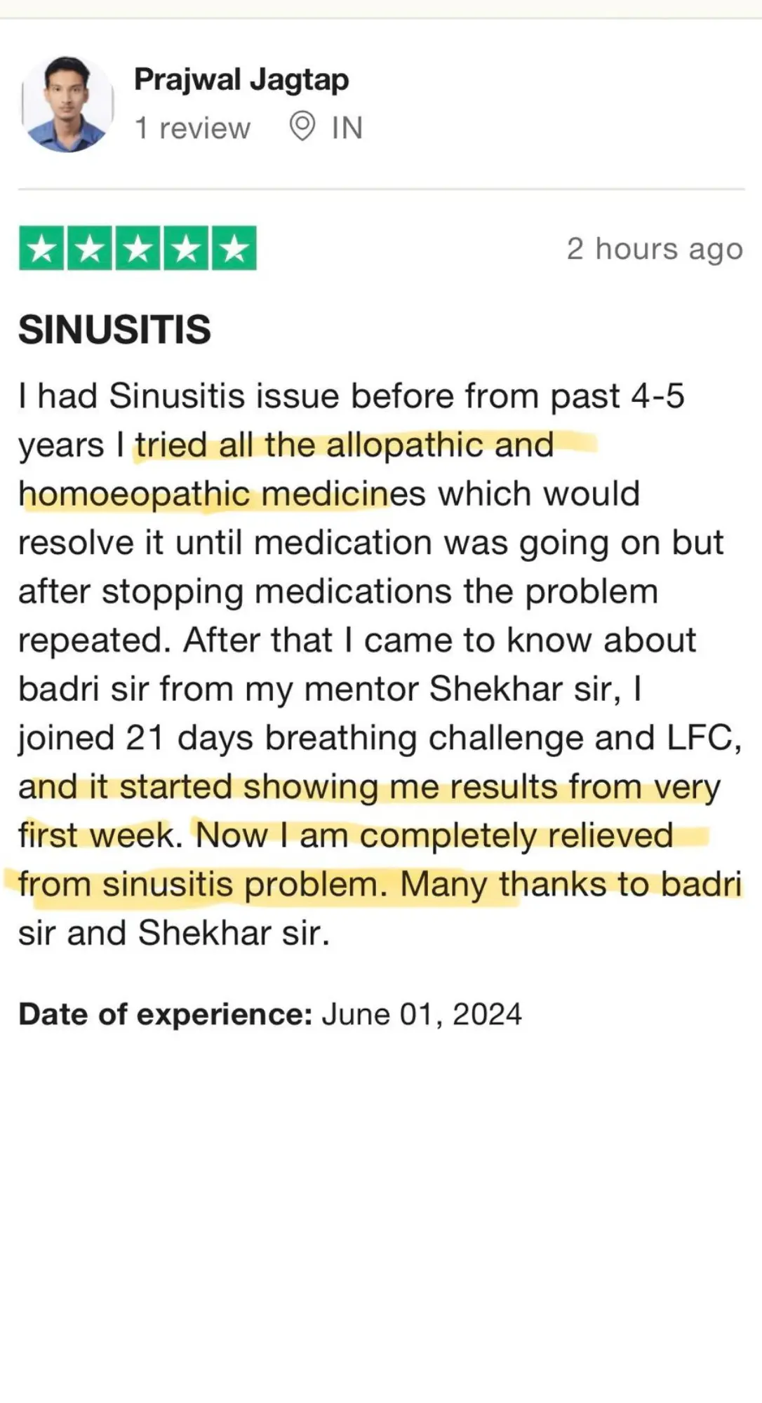 Review by Prajwal Jagtap — Sinusitis relieved